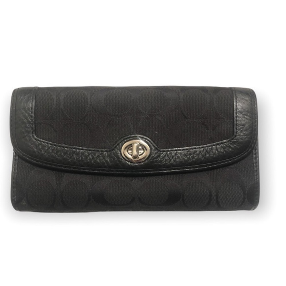 Coach black signature c and leather checkbook turnlock wallet